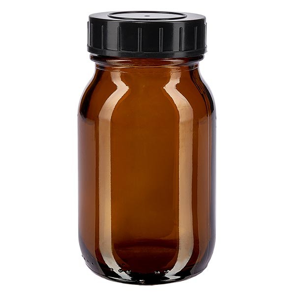 Bocal à col large en verre ambré 100 ml + couvercle à vis
