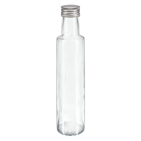 250ml Likörflasche rund Klarglas inkl. Alu Schraubverschluss Silber