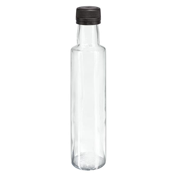 250ml Likörflasche rund Klarglas inkl. schwarzem Verschluss mit  Ausgiessring OV
