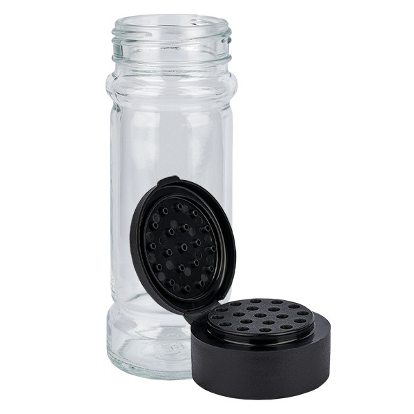 Pot à épices de forme cylindrique 100ml avec filetage 41mm, en verre clair  avec couvercle saupoudreur dévissable noir