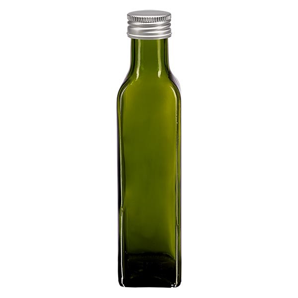 250ml Ölflasche eckig Olivgrün inkl. Alu Schraubverschluss Silber